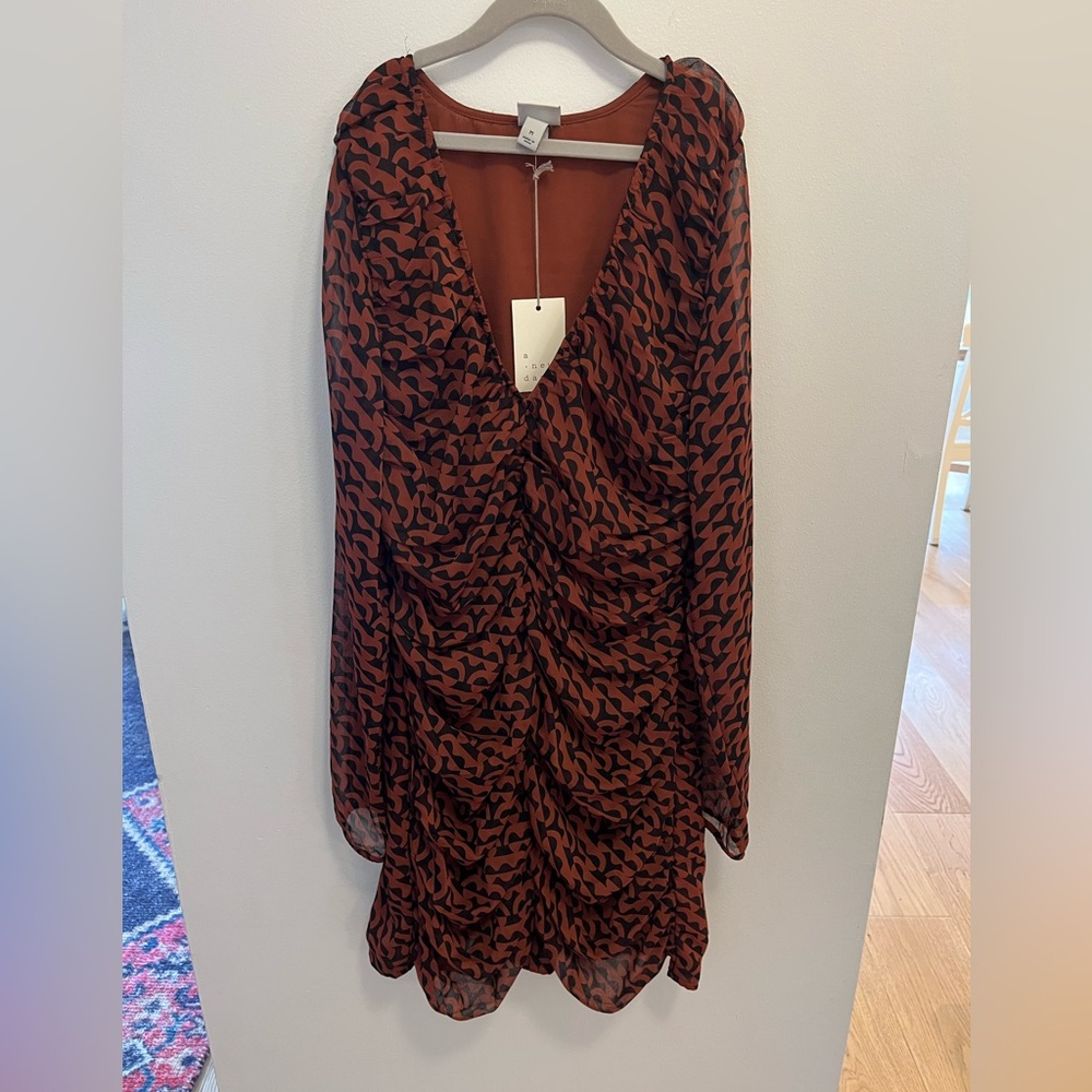 a new day Rust and Black Printed Long Sleeve Ruched V-Neck Dress